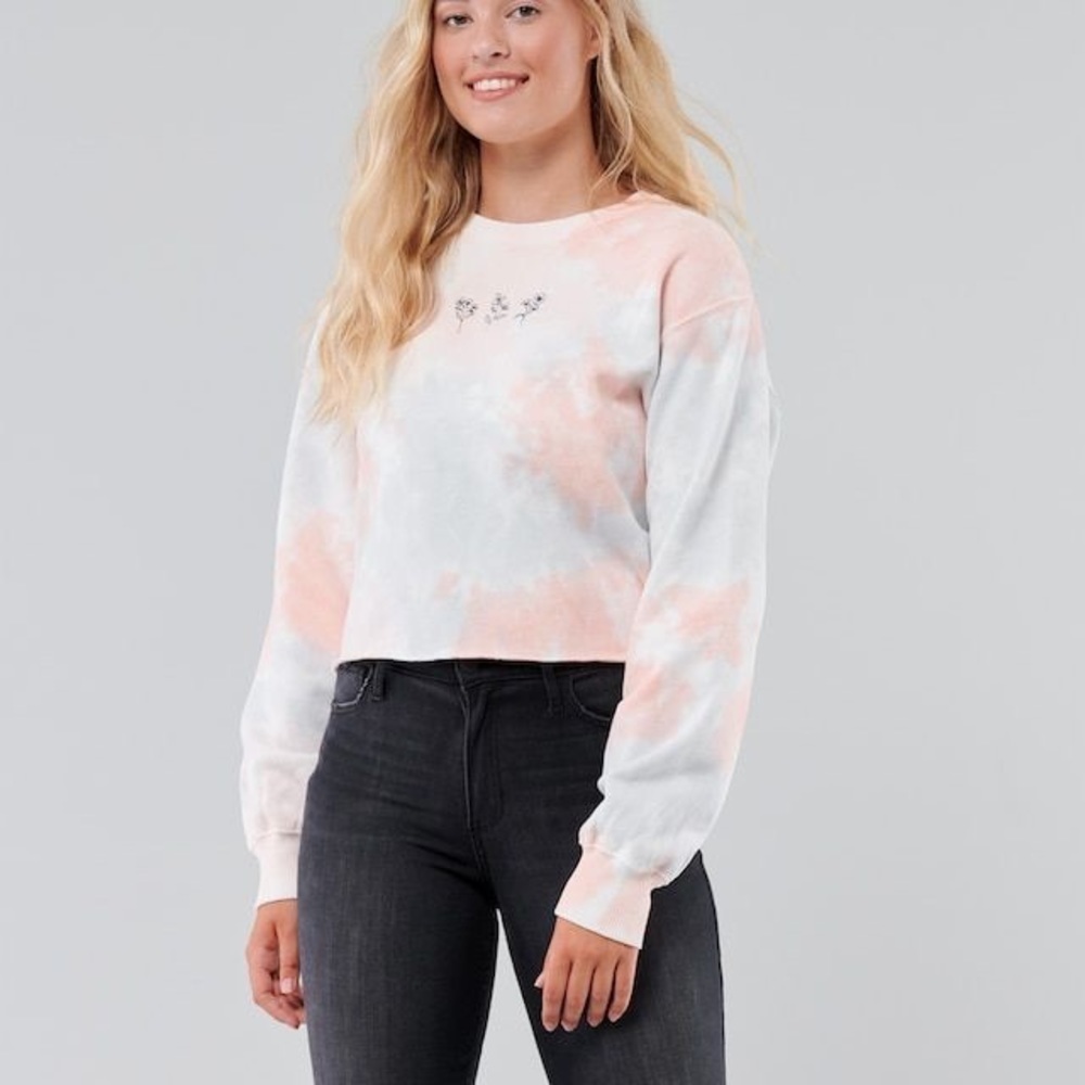 Hollister Crop Boyfriend Crewneck Tie Dye Sweatshirt EMBROIDERED Flowers Sz L